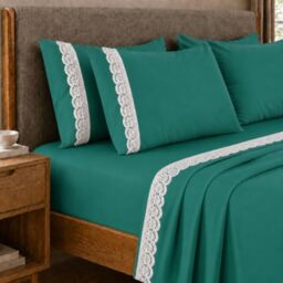 PETTI Artigiani Italiani - Single Sheet Set Percale Cotton with Lace St. Gallen Teal Lace, 3-Piece Bedding Set, 100% Made in Italy