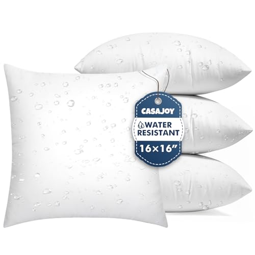 CASAJOY 4 Pack 16x16 Outdoor Pillows, Water Resistant Throw Pillow Inserts - Square Waterproof Pillows, Decorative Pillow for Patio & Couch, Fluffy & Supportive, Convenient Zipper Design