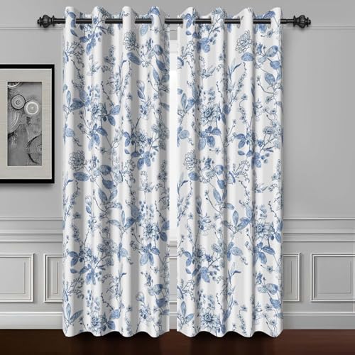 "Rustic Blue White Floral Blackout Curtains 63 inches Long,2 Panel 21""Wx63""L - Room Darkening Window Curtains,Polyester Thermal Insulated Drapes,Grommet Window Drapes,for Bedroom Living Room Dining Room"