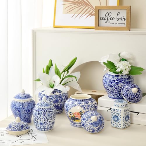 Hushee 6 Pcs Small Blue and White Vases Chinoiserie Vase Ginger Jar Porcelain Ginger Jar Chinoiserie Decor Blue and White Decor for Home Bedroom Table Centerpieces Tabletop Accent Shelf (Stylish)