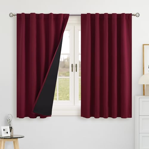 BGment Burgundy Red 100% Blackout 48 Inch Curtains for Small Window, Rod Pocket and Back Tab Double Layer Black Out Thermal Insulated Room Darkening Curtain for Kitchen, 2 Panels, Each 42 x 48 Inch