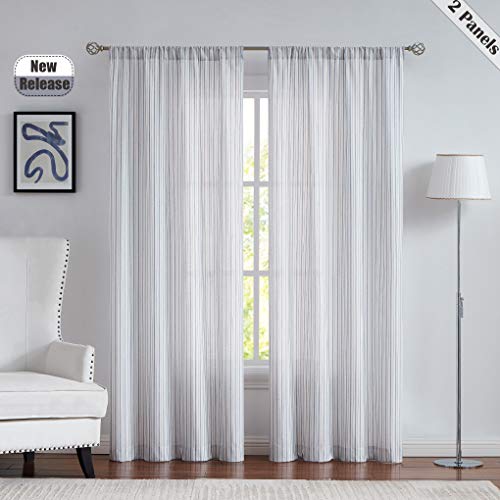 SXZJTEX Blue and White Pinstripe Linen Textured Sheer Curtains, 95 Inches Long Farmhouse Stripe Curtain Panels for Living Room, Bedroom, Light Filtering Curtains Rod Pocket 2 Panels