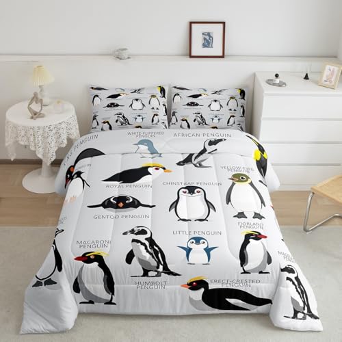 Erosebridal Penguin Comforter Set Twin Size,Black White Penguins Bedding Set Cute Animal Down Comforter for Kids Boys Girls Teens,Wildlife Grey Bedding Quilted Sets with 1 Pillow Case Bedroom Decor