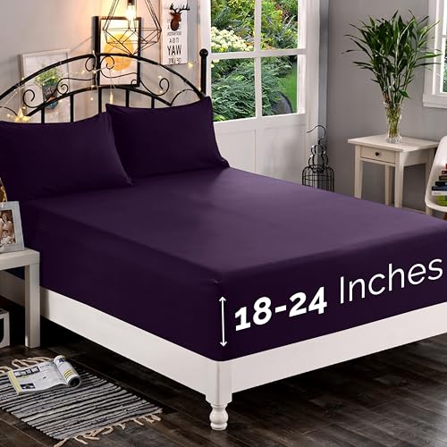Elegant Comfort 1500 Premium Quality Fitted Sheet Ultra Soft 18-24 Inch Extra Deep Pocket - Single Fitted Sheet for High Mattress - Wrinkle Free with Smart Storage Pockets, King, Eggplant-Purple