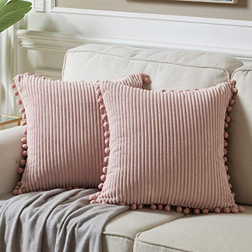 "Fancy Homi Pack of 2 Corduroy Soft Decorative Throw Pillow Covers with Pom-poms, Solid Square Cushion Case Pillow Cases Set for Couch Sofa Bedroom Car Living Room (18""x18"", Blush Pink)"