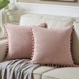 "Fancy Homi Pack of 2 Corduroy Soft Decorative Throw Pillow Covers with Pom-poms, Solid Square Cushion Case Pillow Cases Set for Couch Sofa Bedroom Car Living Room (18""x18"", Blush Pink)"