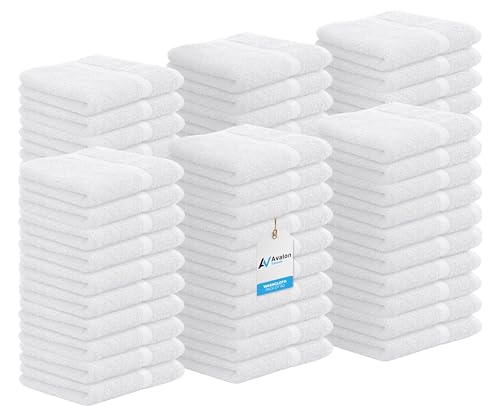 Avalon Towels Cotton Washcloths – (Pack of 60) Size 12x12 Inches, 100% Ring Spun Cotton, Absorbent, Soft Face Towels, Gym Towels, Hotel and Spa Quality, Reusable Fingertip Towels (White)