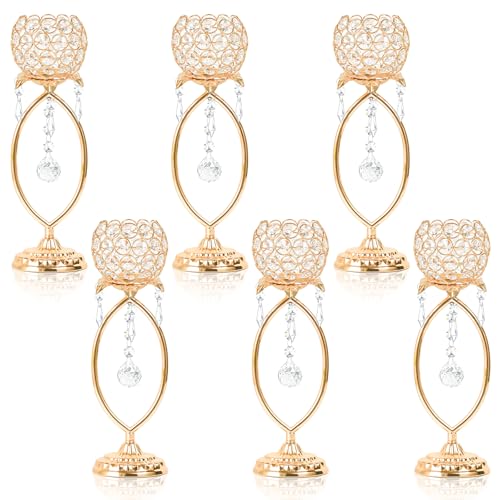 kehail 2 Pcs Elegant Metal Crystal Tea Light Candle Holders with Crystal Pendants, Hollow Design - Wedding Table Centerpieces for Anniversary Birthday Party, Home Decor (6, Gold)
