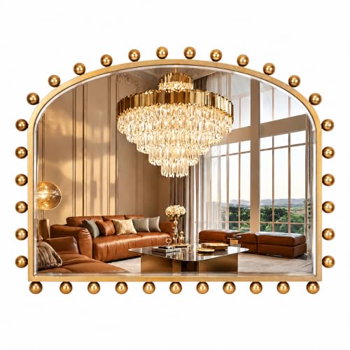 "CAVINHOME 36""x28"" Wide Arched Wall Mirror, Antique Gold Ball Frame with Beveled Glass, Large Horizontal Mantel Piece Over Fireplace or Above Sofa, Statement Metal Frame for Living Room"