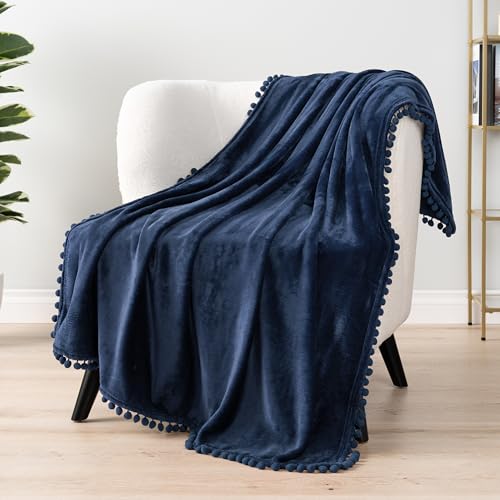 PAVILIA Navy Blue Throw Blanket Pom Pom for Couch, Soft Fleece Cozy Pompom Fringe Sofa Blanket, Decorative Home Gift Flannel Velvet Bed Throw, Dark Blue, 50x60