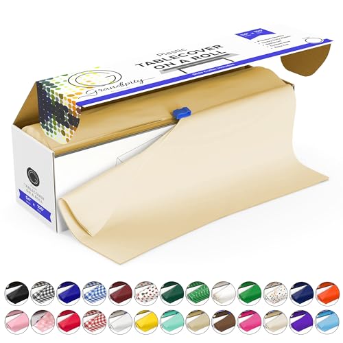 "Grandipity Plastic Tablecloth Roll - 54"" x100' Ivory Plastic Table Cloths for Parties, Disposable with Cutter Box - Customizable Size for Rectangle & Round Tables"