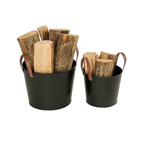 Relaxdays Firewood Carrier Set of 2, Firewood & Kindling, Metal, Leather Handles, Tree of Life Design, Black/Brown