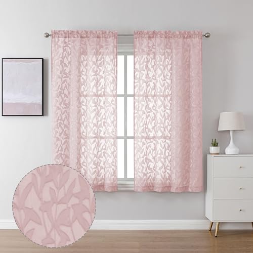 Lecloud Leia 54 Inch Living Room Blush Sheer Curtains 2 Panels, Lightweight Jacquard Textured Leaf Voile Pink Curtain for Bedroom, Dual Rod Pockets Clip Window Kitchen Short Drapes, 38W x 54L