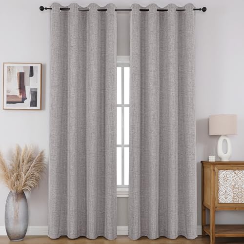 CUCRAF 100% Total Blackout Curtains 90 Length for Window Treatment, Faux Linen Thermal Insulated Grommet Drapes for Bedroom/Living Room, Set of 2 Curtain Panels(Light Grey, 52 x 90 inches)