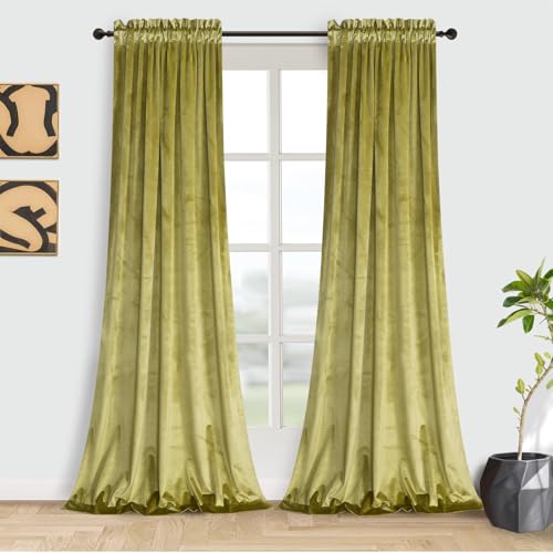 Roslynwood Velvet Curtain Panels Cyan Yellow Room Darkening Window Super Soft Luxury Drapes for Bedroom Thermal Insulated Rod Pocket Curtain for Living Room (2 Panels, 52 by 63 Inch)