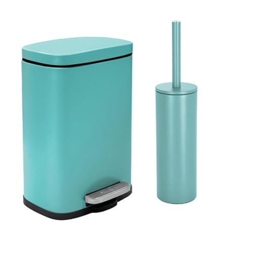 Spirella - Pedal Bin Set + Toilet Brush Steel Akira - Soft-Close, Anti-Fingerprint - 21.4 x 17.6 x 30 cm - 5L - Turquoise Matt