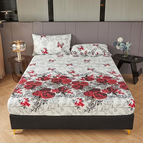 LweiPsqLin Queen Floral Fitted Sheet - Soft Microfiber Bed Sheet with 15 Inch Deep Pocket, Shrink & Fade Resistant, Breathable Botanical Print Bottom Sheet