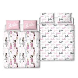 Character World Barbie Official Double Childs Duvet Cover Set - Figures Design Reversible 2 Sided Teens Bedding Including Matching Pillow Cases - Polyester Double Quilt Cover, Pink