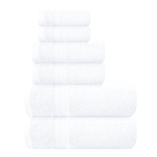 BOUTIQUO 6 Pack Cotton Towel Set, Contains 2 Bath Towels 27x54 inch, 2 Hand Towels 16x24 inch & 2 Wash Coths 12x12 inch, Ideal Everyday use, Ultra Soft Compact & Lightweight - White