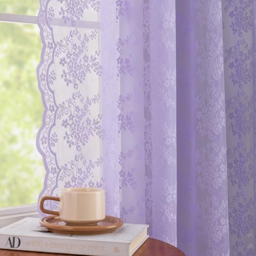 YJ YANJUN Lavender Lace Curtains 96 inches Long Pair Shabby Chic Violet Curtains Romantic Purple Floral Sheer Panels for Girl Bedroom Living Room Dining Room Wedding Party Backdrop D??cor 52W x 96L