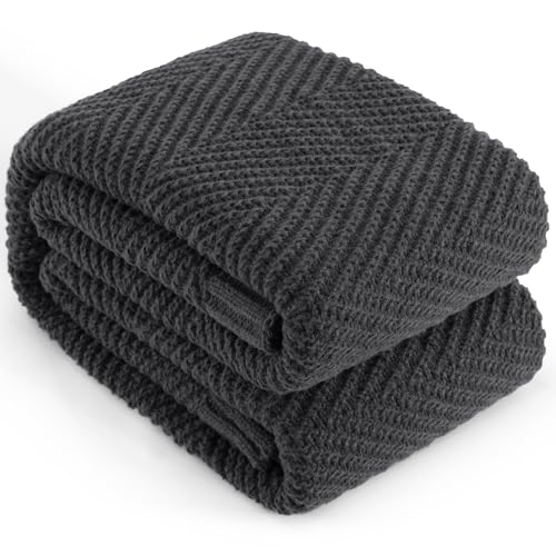 LONG CREATE Knitted Throw Blanket for Couch, 60X80 Chevron Bed Knit Throws - Dark Grey Lightweight Living Room Decor, Super Soft Boho Bedding Blankets, Cozy Herringbone Textured, Chair Sofa Cover