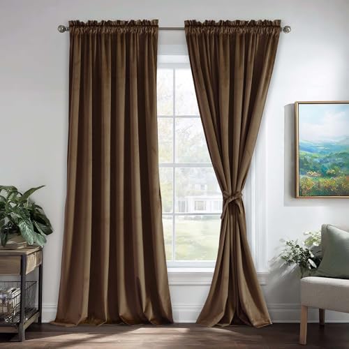 JIUZHEN Velvet Curtains for Living Room - 84 inches Thermal Insulated Room Darkening Privacy Protect for Parlor/Gallery, Set of 2 Window Curtain Panels with Tiebacks, 42W x 84L, Brown