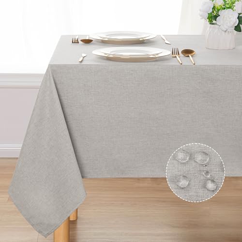 DWCN Rectangle Faux Linen Tablecloth - Textured Waterproof Spill-Proof Wrinkle and Stain Resistant Table Cloth Decorative Fabric Farmhouse Table Cover for Kitchen Dining, 60 x 84 Inch, Light Grey