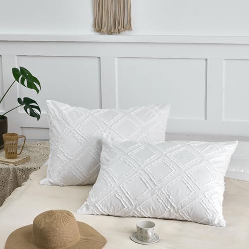 xuan dian Standard Pillow Shams 2 Pack, Standard Size Pillowcases, Soft Microfiber Geometric Tufted Pillow Covers with Envelope Closure, White, 20x26 Inches (No Insert)