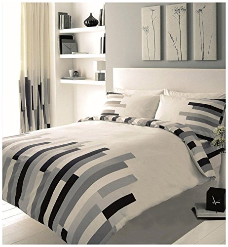 Comfy BLOCKS Bed Set with Duvet Cover and Pillow Cases, Polyester-Cotton, Cream/Grey/Black, Double