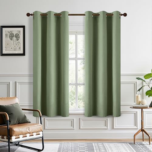 DONREN Total Blackout Linen Curtains 64 Inch Length for Bedroom Living Room, Farmhouse 100% Black Out Thermal Insulated Privacy Lightweight Grommet Curtain Panels, Sage Green, W37 x L64, 2 Panels