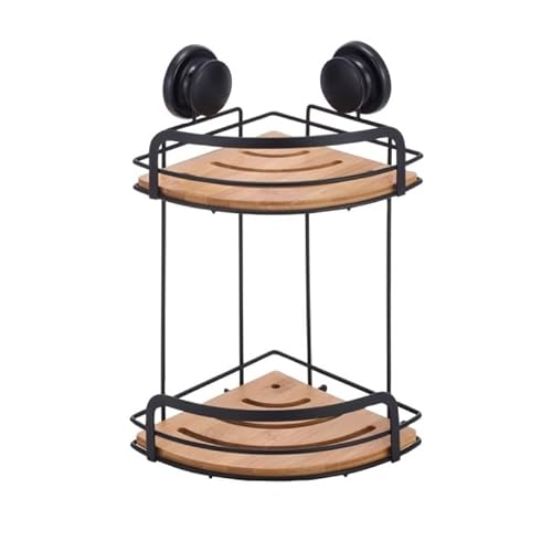 MSV 2 Tier Suction Cup Corner Shower Caddy Caddy Bamboo and Matt Black Steel