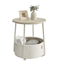 VASAGLE Side Table, Round End Table with Fabric Basket, for Living Room Bedroom, Modern Style, Natural Beige and Cream White LILEA Collection LET223K67