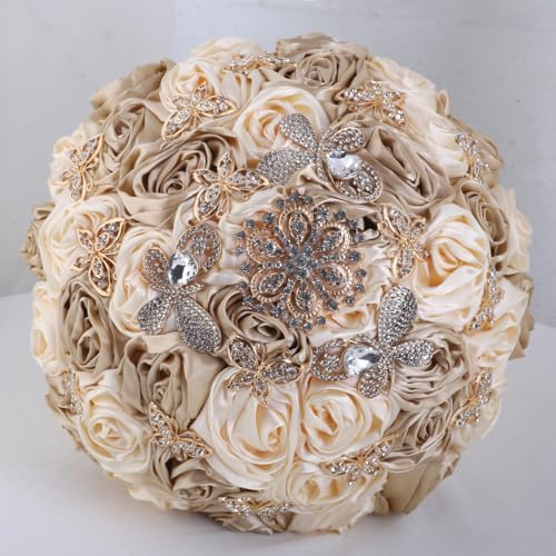 Mhojpik Handmade Wedding Bouquet Round Bridal Bouquet Throw Artificial Rose Bouquet for Bride Bridesmaid Wedding Quinceanera (Cream and Camel Brown, 8.7 inch)