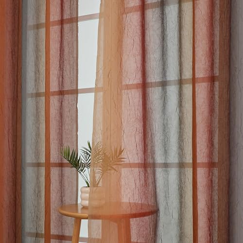 "OWENIE Ombre Sheer Curtains for Bedroom Living Room 84 Inches Long 2 Panels - Gradient Light Filtering Crinkle Crushed Semi Sheer Printed Window Curtain Panels, (50"" W x 84"" L, Orange/Green)"