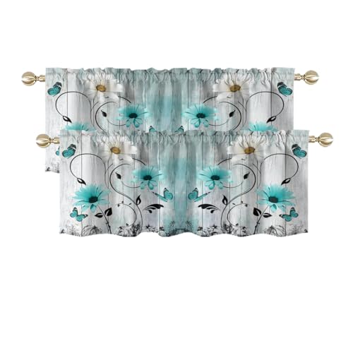 "AAtter Teal Floral Window Valances 2 Pack, 52"" W x 18"" L Turquoise Botanical Rod Pocket Fabric Curtains, Farmhouse Daisy Flower Kitchen Room Decor"