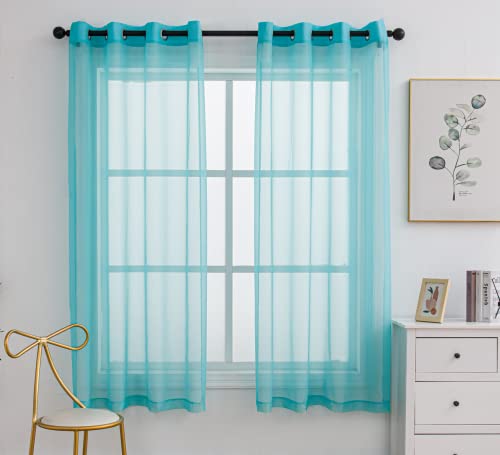 PI Sheer Curtains Panels Ring Top Airy Voile Window Draperies for Dining Room 2 Panels (W52 X L72, Lake Blue)