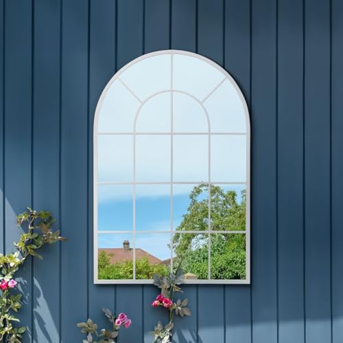 "MirrorOutlet The Arcus - White Framed Window Modern Full Length Arched Garden Mirror 47"" X 31"" (120CM X 80CM) Silver Mirror Glass with Black All weather Backing."