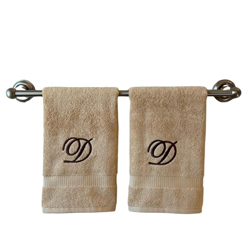 Decorvo Beige Monogrammed Hand Towels for Bathroom - Luxury Hotel Quality Personalized Initial Embroidered Towel for Powder Room, Spa - GOTS Organic Certified - Set of 2 Brown Letter D