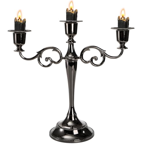 YOUEON 3 Arm Black Candelabra, Candelabra Candle Holder, 26 cm Tall Candlesticks Holder, Elegant Taper Candle Holder Centerpiece for Wedding, Church, Halloween, Dining, Home Decor