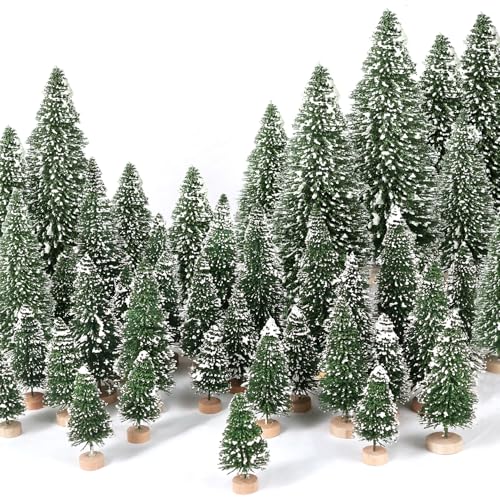 30Pcs Mini Christmas Trees Artificial Christmas Tree Bottle Brush Trees with Wooden Base for Christmas Decor Christmas Party Home Table Craft Decorations(Green-A)