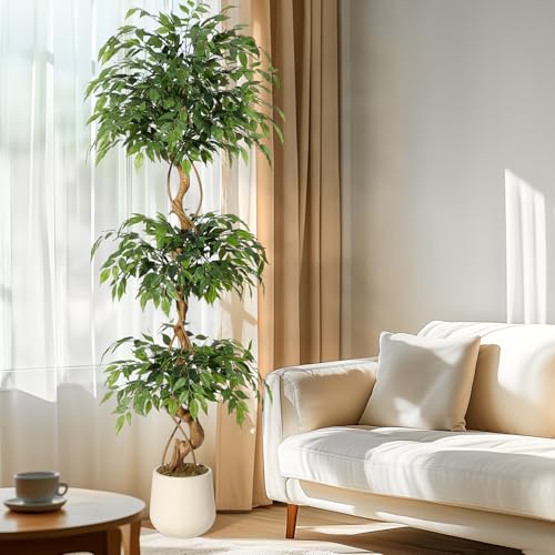 GarveeHome Artificial Ficus Tree with Curved Trunk, 180 cm Artificial Silk Plant with White Pot, Artificial Plants for Decoration of Interiors, Offices and Living Rooms