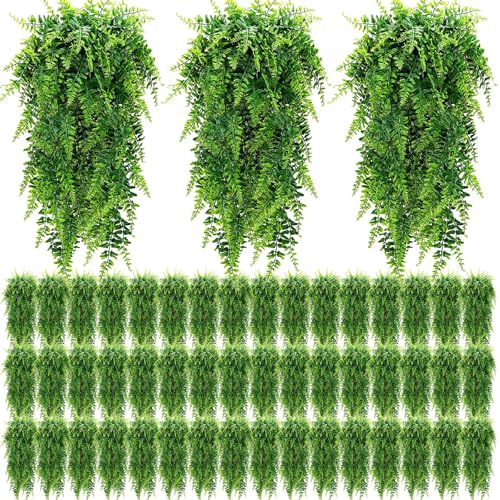 Geosar 96 Pcs Artificial Hanging Plants 32 Inch Hanging Boston Ferns Plastic Fake Plants for Wall Room Garden Wedding Garland Indoor Outdoor Decoration, No Basket