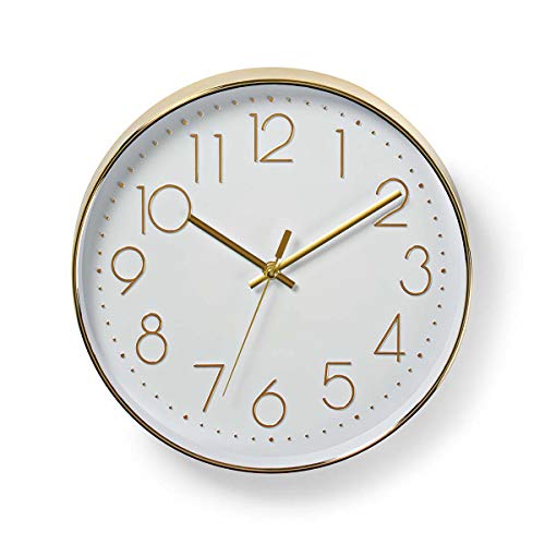 NEDIS White Wall Clock for Livingroom, Kitchen or Bedroom, 30cm Diameter Glass Analogue Wall Clock with Easy to Read Numbers Golden