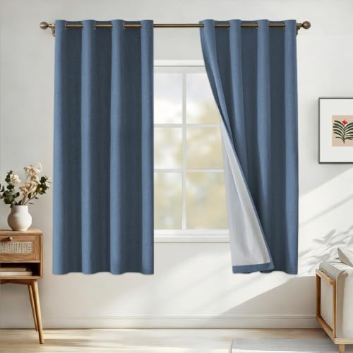 CYCMACO 100% Blackout Curtains for Bedroom, Black Out Curtains 63 Inch Long, Linen Blackout Curtains for Living Room, Full Light Blocking Grommets Curtain, Thermal Curtains(2 Panels, Navy Blue)