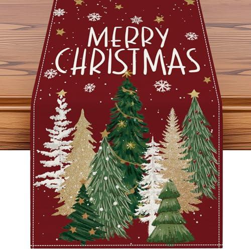 Artscope Christmas Tree Table Runner, Xmas Winter Snowflakes Holiday Kitchen Dining Table Decoration for Christmas Home Decor 13x90 Inch-Red