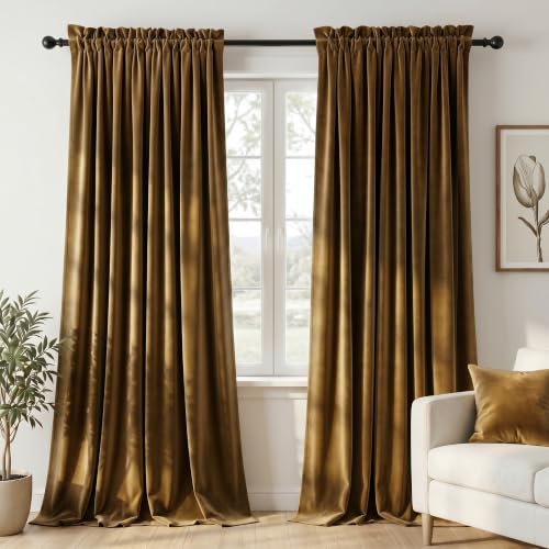 Dchola Gold Brown Velvet Curtains for Bedroom Window, Super Soft Vintage Luxury Heavy Drapes, Room Darkening Rod Pocket Curtain for Living Room, W52 by L120 inches, 2 Panels