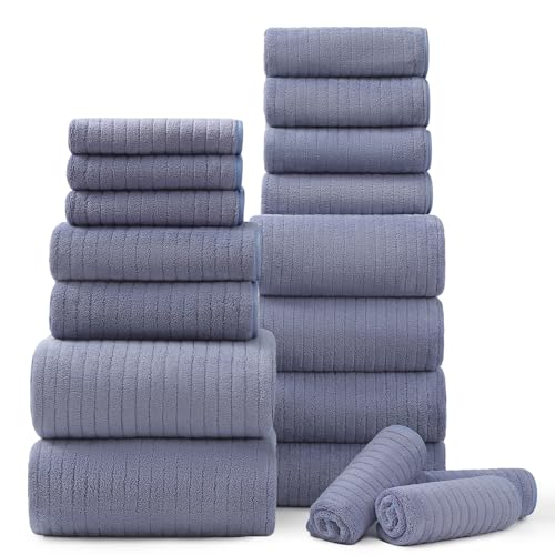 18 Piece Bath Towels Set,Soft Family Bathroom Towel Set with Hanging Loops-6 Bath Towels,6 Hand Towels,6 Washcloths,Highly Absorbent Quick Dry Shower Towel for Bathroom,Hotel,Spa-Wedgewood Towel Set