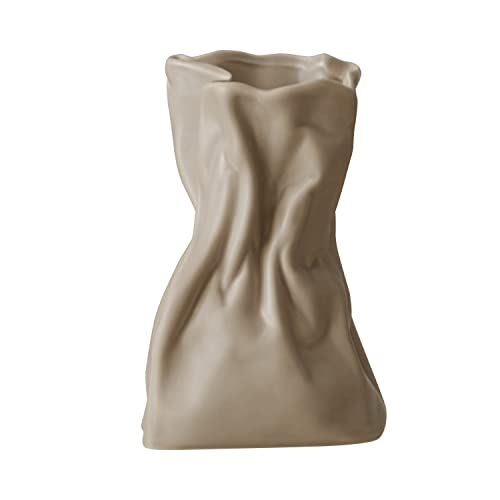 Grab Paper Bag Handmake Ceramic Vase, Crinkle Paper Bag Design for Flower Arrangement, Living Room, Dinner Table Decoration(Coconut Café Glaze)