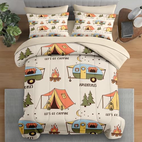 Pamnest Comforter Set Twin Size, Summer Camp RV 5 Pcs Bedding for Kids and Adults, Camping Adventure Bed Sheet Sets with Fitted Sheet Pillowcase & Sham for Bedroom Bed Decor