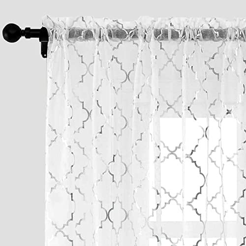 Kotile Moroccan Sheer Curtains for Bedroom - White Moroccan Curtains 72 Inch Length Sheer Window Curtains 2 Panels Metallic Silver Moroccan Trellis Curtains for Living Room, 52 x 72 Inches